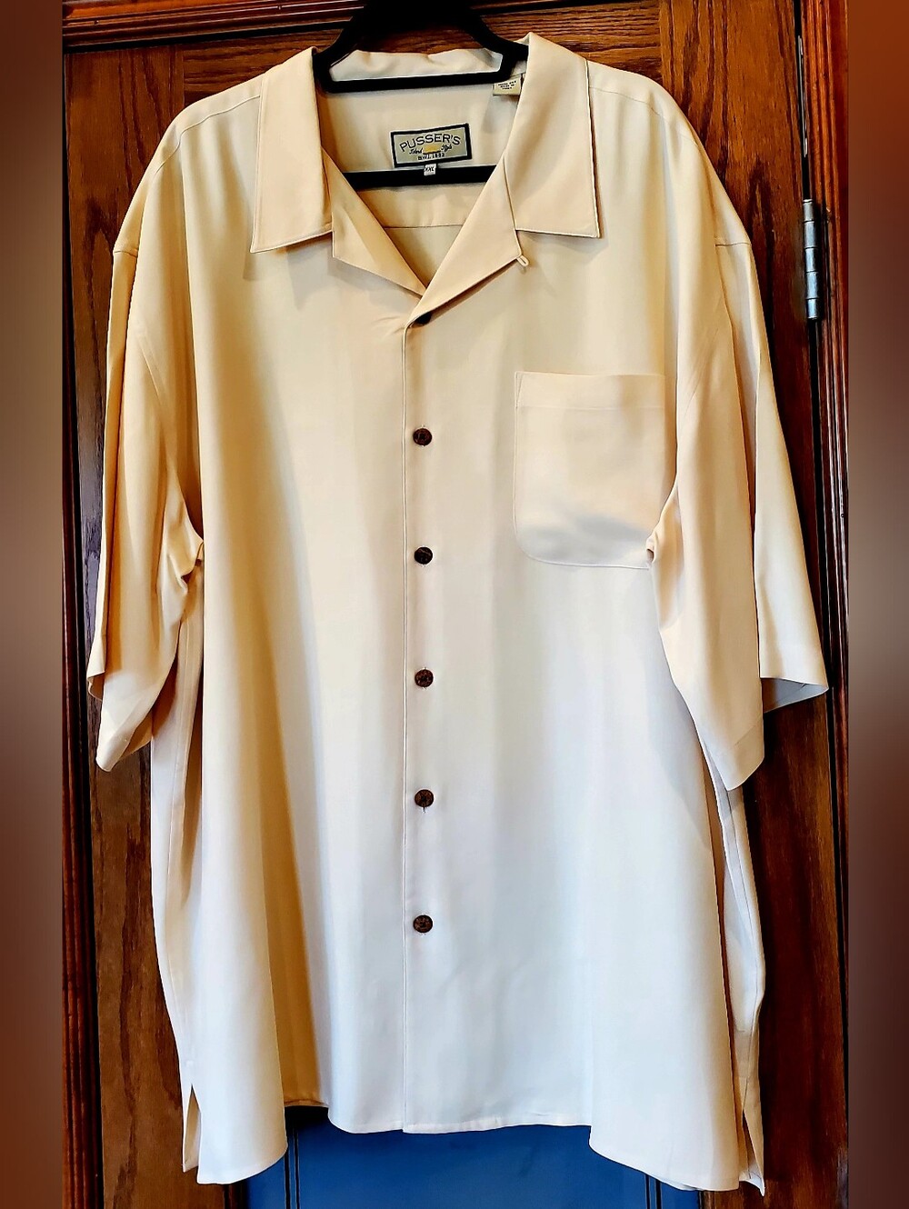 Men's SZ XXL Pale Yellow Short-Sleeve Camp Collar 100% Silk Shirt P-P 27", L 33"